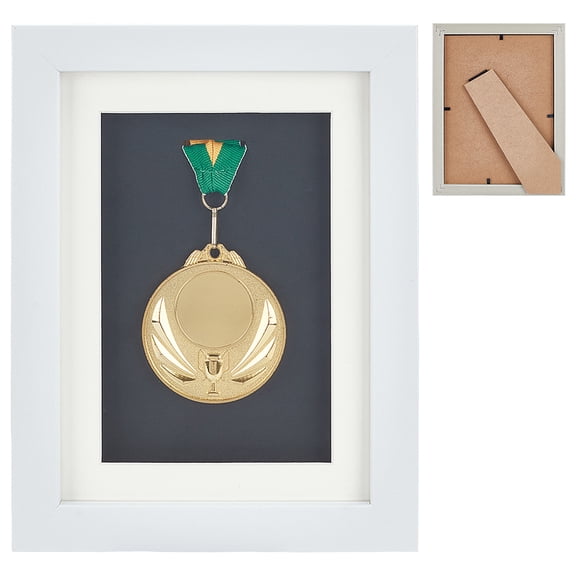 Wooden Single Medal Display Case Badge Box Frame with Glass Windows Rectangle White 23.3x18.4cm for DIY