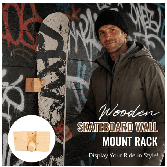 Wooden Skateboard Wall Mount Rack, Premium Natural Wood Skateboard Storage Hanger, Space Saving Vertical Display Rack Compatible with Skateboards, Longboards and Penny Boards