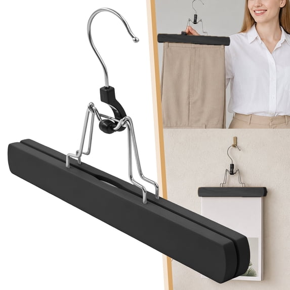 Wooden Skirt Pants Clothes Hangers with 360° Swivel Hook, Non Slip Slack Hanger, Jeans Hangers, Trouser Hanger, Wrinkle Free Clamp Closet Organizer Black