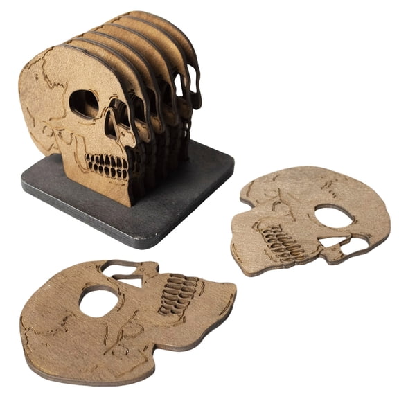 Wooden Skull Shaped Coasters Set with Holder Engraved Skeleton Pattern Drink Coaster for Home Office Tabletop Protection