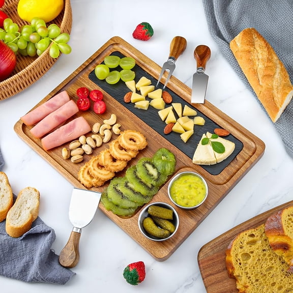 Wooden Slate Serving Board Charcuterie Boards with 2 Bowls, Acacia Wood Cutting Board Cheese Board Serving Plate Tray Platter for Bridal Shower Gifts Wedding Gifts Housewarming