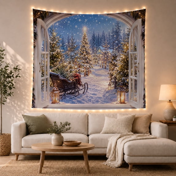 Wooden Sleigh Beside a Lantern on a Snowy Forest Path, Cozy Digital Art for Nature Lovers, Winter Cabin Decor, Christmas Gift, Tapestry Wall Hanging for Bedroom and Den