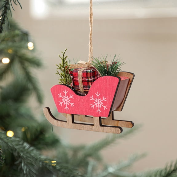 Wooden Sleigh Christmas Ornament for Tree Decor Decoration Wall Hanging Rustic Xmas Party Supplies(Red)