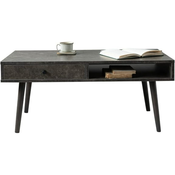 Wooden Small Coffee Table with Storage Rectangle Medium (35.4"x17.7") Stone Gray, Floor Sitting Low Table Small Space Minimalist Japanese Tatami Room