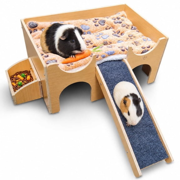 Wooden Small Pet Habitat Castle with Built-in Feeder, Fleece Mat and Ramp
