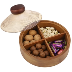 Wooden Snack Box with Glass Lid, 4-Compartment Snack Serving Tray, Divided Acacia Wood Candy Nut Platter, Decorative Food Storage Bowl for Party, Home, Kitchen Table