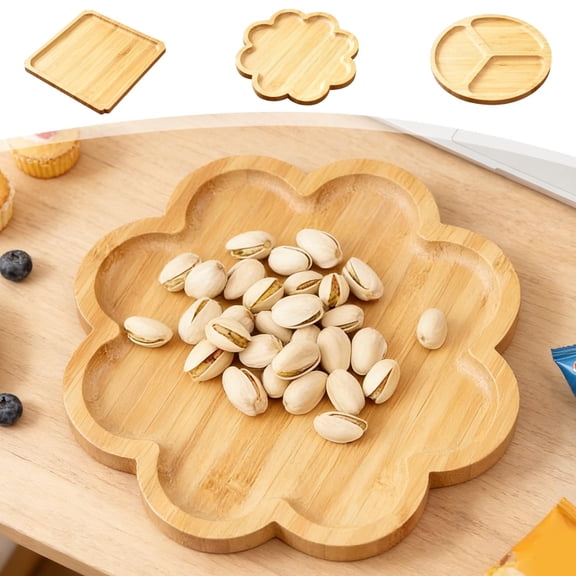 Wooden Snack Tray Japanese Style Serving Tray • Customizable Bamboo Wood Snack Platter • Square Flower 3-Compartment Designs • Home Dessert Tea Use