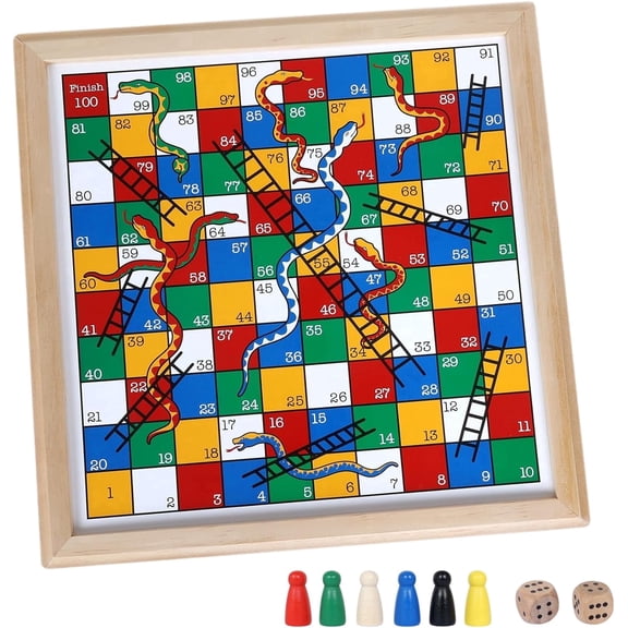 Fugocen Wooden Snakes and Ladders Game for Kids and Adults with 6 Counters and 2 Dice 13 Inch