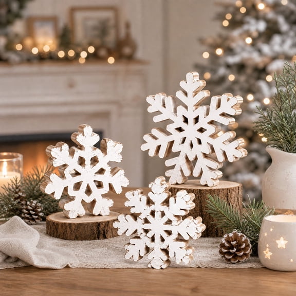 Wooden Snowflake Decor, Set of 3 Farmhouse Christmas Tabletop Signs, Rustic Winter Wood Blocks, Freestanding Holiday Centerpiece for Mantel Shelf, Seasonal Home Accent