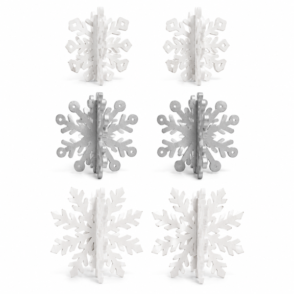 Wooden Snowflake Decorations, 3D Christmas Table Decorations, Set of 6
