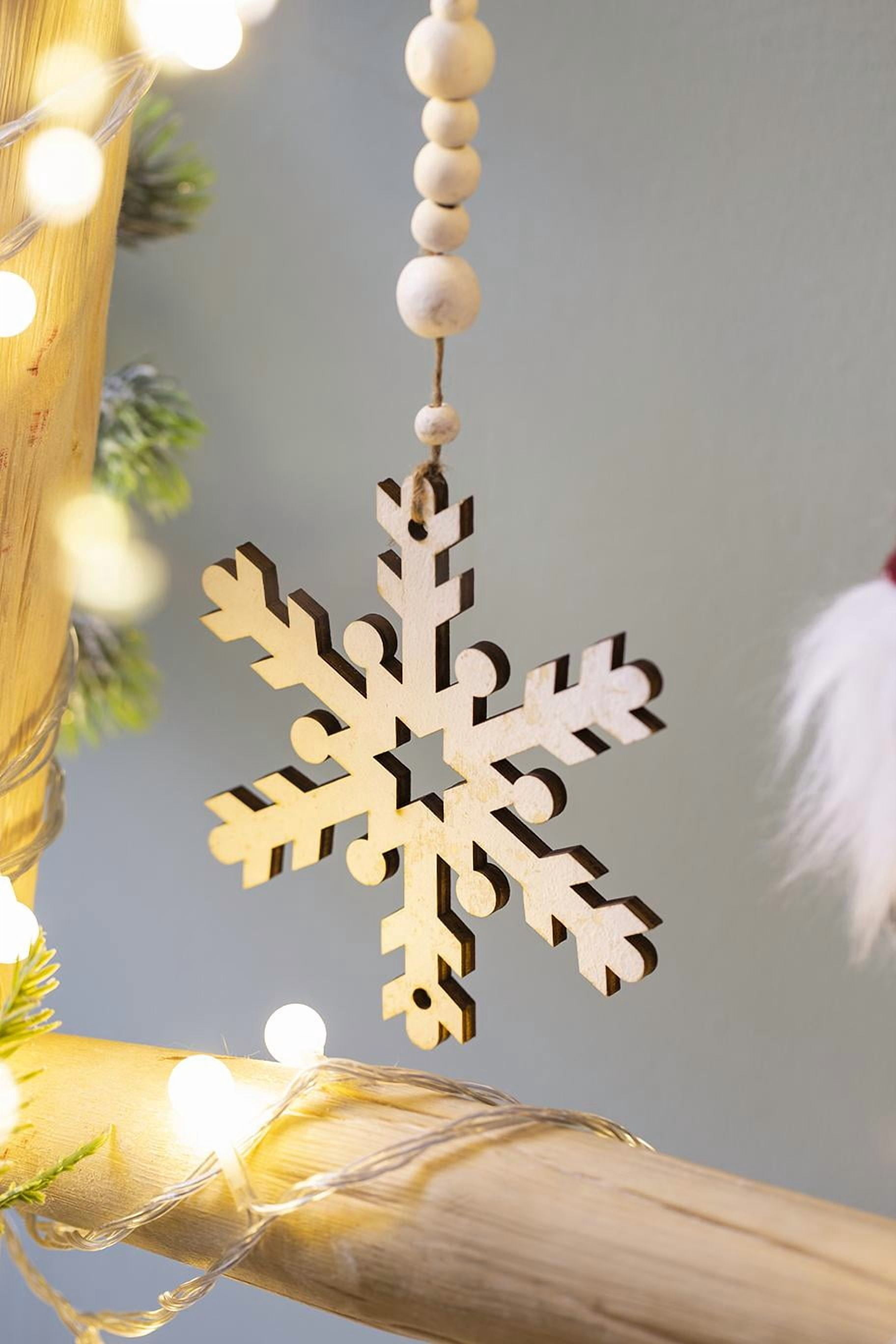 Wooden Snowflake Ornament with Jute Hanger Rustic Christmas Tree Decor Gift Stocking Stuffer