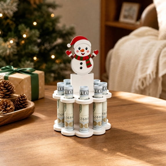 Wooden Snowman Christmas Money Holder, Christmas Cash Gift Holder for Rolled Bills, Holiday Tabletop Decoration and Christmas Gift Giving