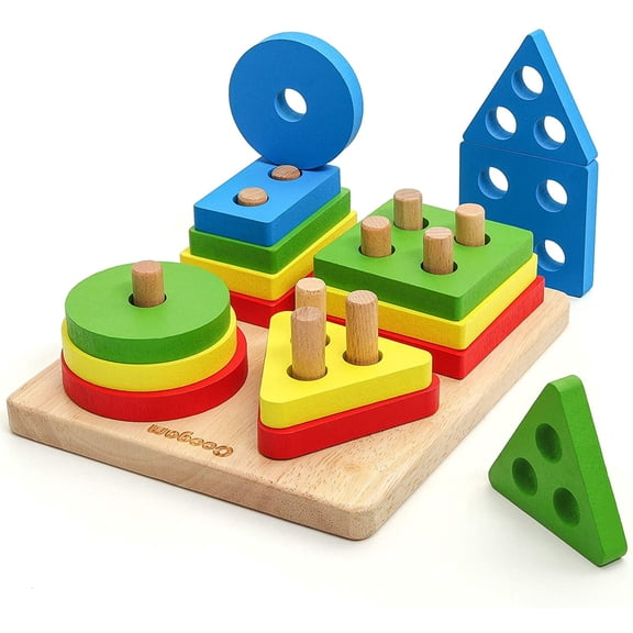 Wooden Sorting Stacking Montessori Toys,Shape Color Recognition Blocks Matching Puzzle,Fine Motor Skill Educational Preschool Learning Board Game Gift for Kids