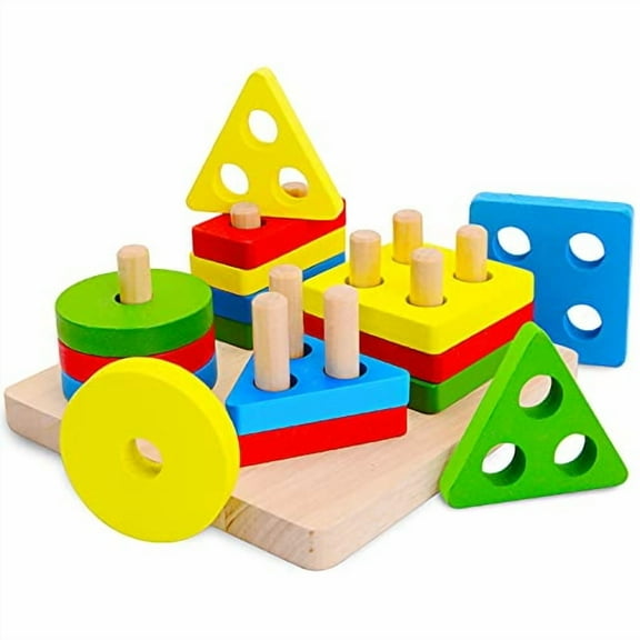 Wooden Sorting & Stacking Toys, Shape Color Recognition, Geometric Puzzle Toys (4 Shapes)