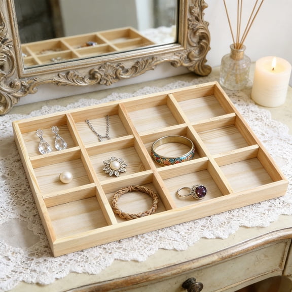 Wooden Sorting Tray, Xinsrenus Natural Wood Storage Divider Organizer, 6-36 Compartment Showcase Display Box for Home Office Kitchen, Khaki
