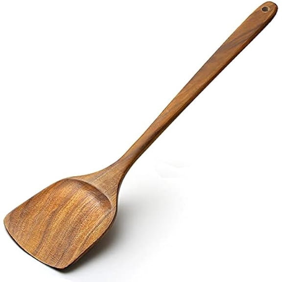 Wooden Spatula,15.3 Inch Flat Wood Wok Spatula,Wood Kitchen Utensils for Cooking,Long Handle Turner Coated Natural Resin, Handmade Kitchenware for Nonstick Pan Cookware