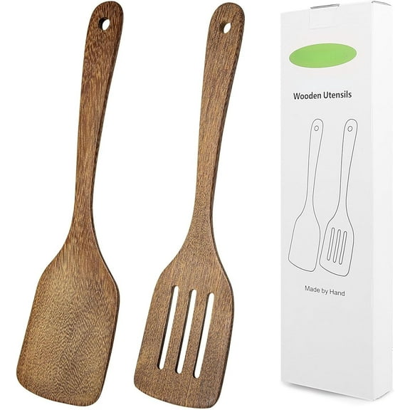Wooden Spatula for Cooking 12 Inches Wood Spatula Slotted Turner Cooking Utensils for Nonstick Cookware, Kitchen Spatula for Fish, Eggs, Pancakes, 2 Pack