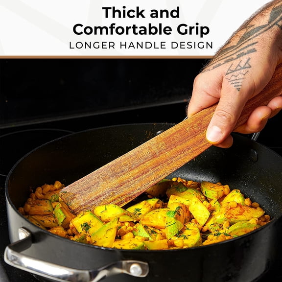 Wooden Spatula for Cooking Set of 2 12 Inch Teak Spatula Turner & Flipper for Cast Iron, Flat Egg & Pancake Scraper White Elephant Gift ideas, Kitchen Gifts for Women Men