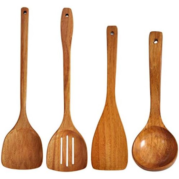 Wooden Spatula,Slotted Turner,Soup Ladle,Long Handle Utensils Set,Handmade for Kitchen Cookware (Wooden Utensil 4 Sets)