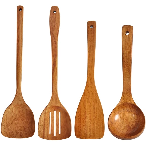 Wooden Spatula,Slotted Turner,Soup Ladle,Long Handle Utensils Set,Handmade for Kitchen Cookware (Wooden Utensil 4 Sets)