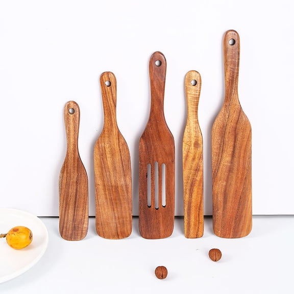 Wooden Spatula for Sourdough Starter, Multi-Purpose Long Handle Mixing Spoon Stirring Stick and Jar Scraper, Non-Stick Flat Spurtle, Teak Wood Kitchen Tools Utensils kit for Cooking(5pcs)Q