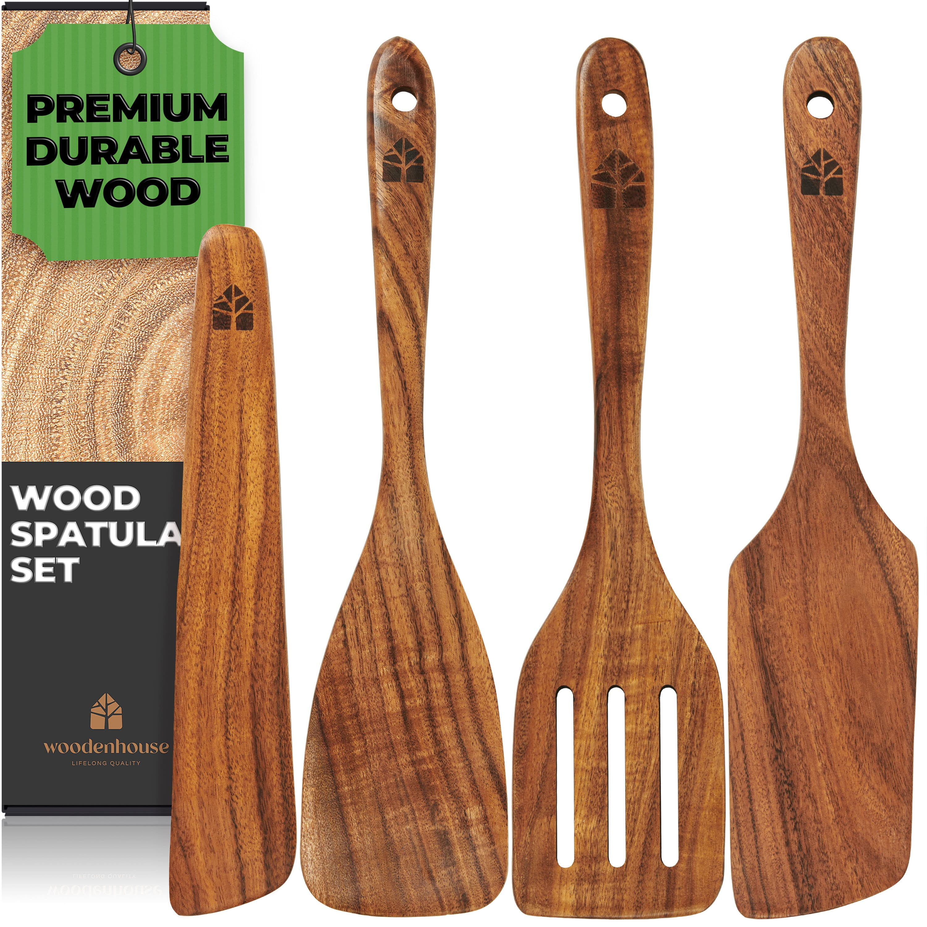 Wooden Spatula for Cooking, Set of 4, Natural Teak Wood. Nonstick cookware.