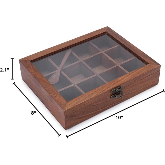 Wooden Spice Box 10x8 Inch - Decorative Indian Masala Dabba Organizer with Glass Lid 12 Compartments & Spoon Spice Storage Container Ideal for Seasonings & Herbs Perfect for Gift