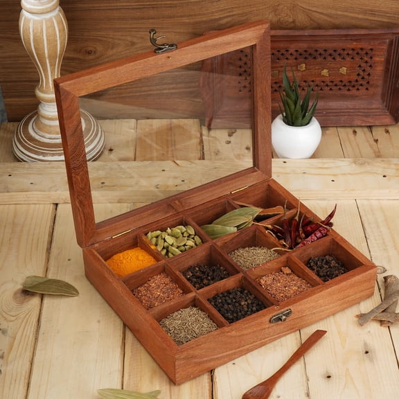 Wooden Spice Box 10x8 Inch - Decorative Indian Masala Dabba Organizer with Glass Lid 12 Compartments & Spoon Spice Storage Container Ideal for Seasonings & Herbs Perfect for Gift