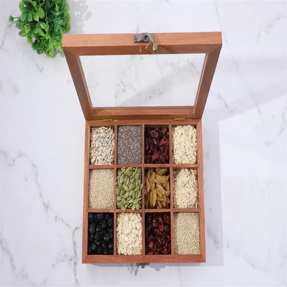 Wooden Spice Box 10x8 Inch - Drative Indian Organizer with Glass Lid 12 Compartments & Spoon Spice Storage Container I for Seasonings & Herbs Perfect for Gift