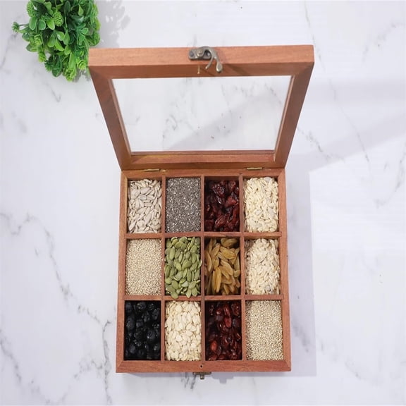 Wooden Spice Box 10x8 Inch - Drative Indian Organizer with Glass Lid 12 Compartments & Spoon Spice Storage Container I for Seasonings & Herbs Perfect for Gift