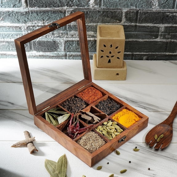 Wooden Spice Box 8x8 Inch - Decorative Masala Dabba Organizer with Glass Lid, 9 Fixed Compartments & Spoon, Spice Storage Container, Ideal for Seasonings & Herbs, Perfect for Gift