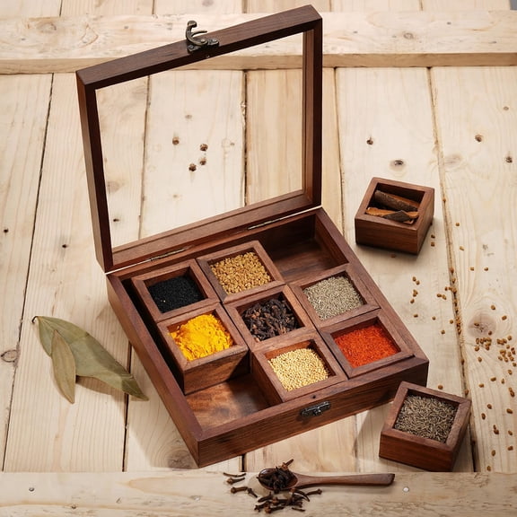 Wooden Spice Box 9x9 Inch - Decorative Masala Dabba Organizer with Glass Lid, 9 Compartments & Spoon, Spice Storage Container, Ideal for Seasonings & Herbs, Perfect for Gift