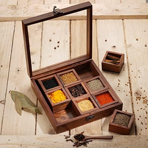 Wooden Spice Box 9x9 Inch - Decorative Masala Dabba Organizer with Glass Lid, 9 Compartments & Spoon, Spice Storage Container, Ideal for Seasonings & Herbs, Perfect for Gift$$