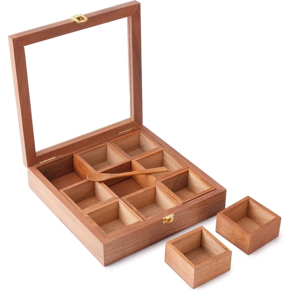 Wooden Spice Box 9x9 Inch Masala Dabba with Glass Lid, 9 Compartments | Includes Serving Spoon and Divided Seasoning Organizer for Herbs, Condiments, Pantry Storage, Housewarming and Wedding Gifts