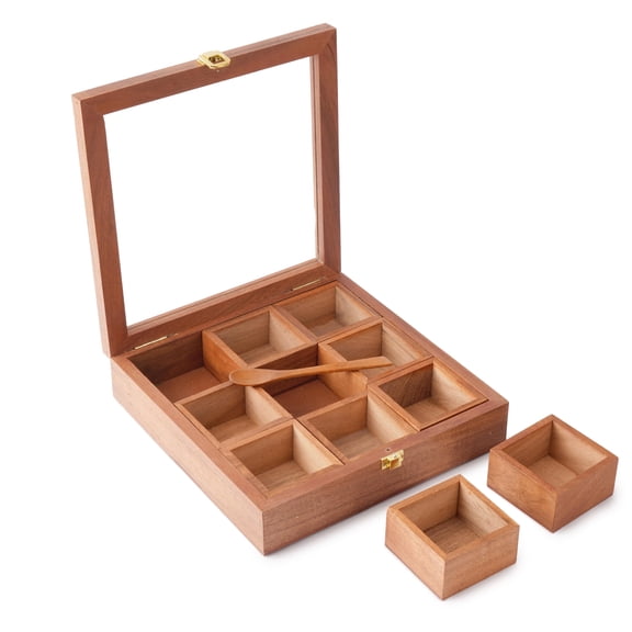 Wooden Spice Box 9x9 Inch Masala Dabba with Glass Lid 9 Compartments