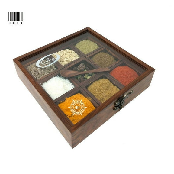 Wooden Spice Box Multipurpose Utility Table Top Spice jar Box Glass Top with Spoon | Dry Fruit Box | Jars & Containers Bhartiya Handicrafts