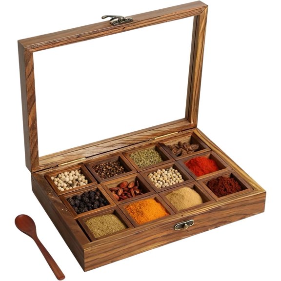 Wooden Spice Box Organizer, 12 Compartments Masala Dabba with Glass Lid, Multicolor Storage Container with Spoon for Seasonings and Herbs