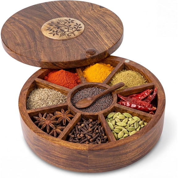 Wooden Spice Box Organizer Square Masala Dabba 9 Compartment Seasoning Herb Container Cabinet Pantry Drawer Rack Storage Countertop Shelf Gift For Kitchen Home Cooks Display Set Organiser