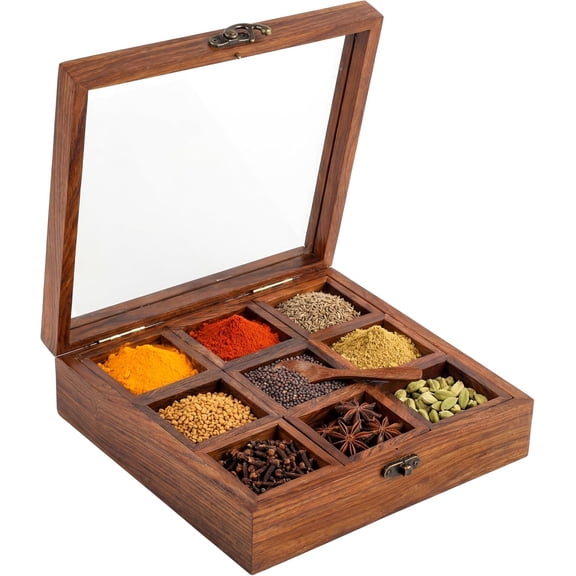 Wooden Spice Box Organizer Square Masala Dabba 9 Compartment Seasoning Herb Container Cabinet Pantry Drawer Rack Storage Countertop Shelf Gift For Kitchen Home Cooks Display Set Organiser