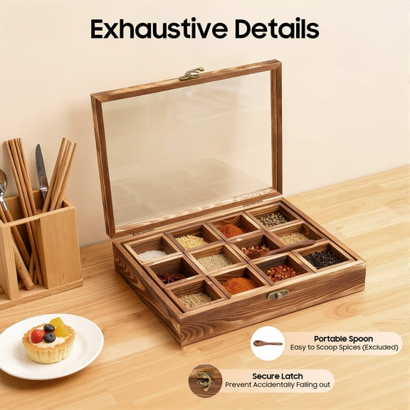 Wooden Spice Box with 12 Containers, Spice Fit Box, Wooden Spice Box