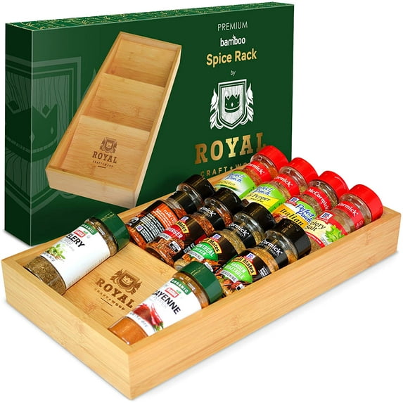 Wooden Spice Rack Organizer 3-Tier for Cabinet, Cupboard, Pantry, Shelf - Luxury Bamboo Drawer Organizer for Spices & Herbs - Kitchen Drawer Dividers for Jars (15"x8")