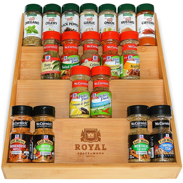 Natural Wood Kitchen Spice Rack Organizer for Cabinet 4 Tiers Tray
