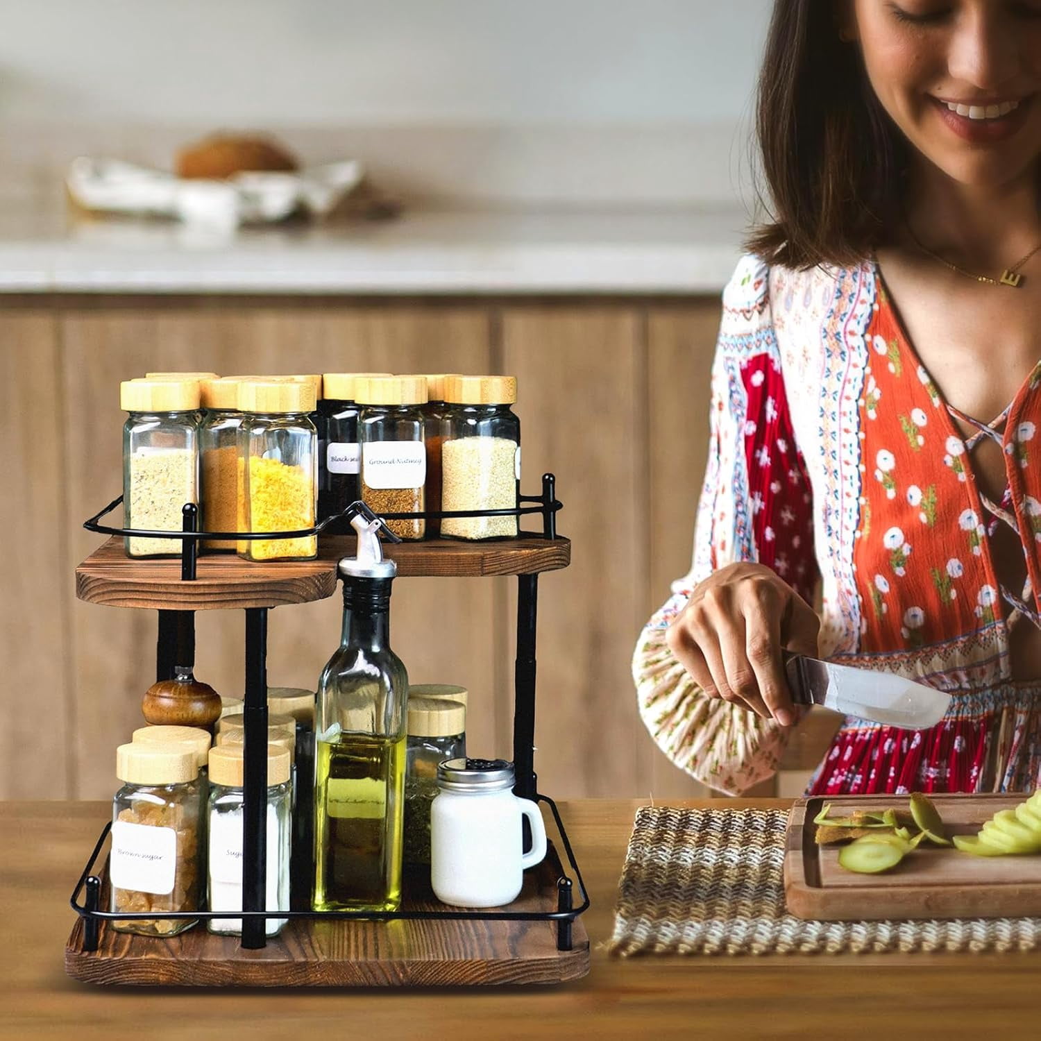 Wooden Spice Rack Organizer Lazy Susans Rotating Countertop 2 Tiered ...