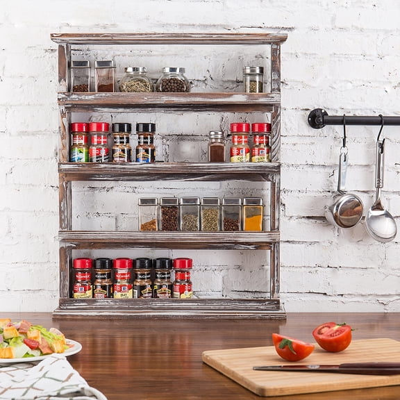 Rustic Torched Wood Wall Hanging Spice Rack, 4 Tier Seasoning Jar Shelves Pantry Organizer
