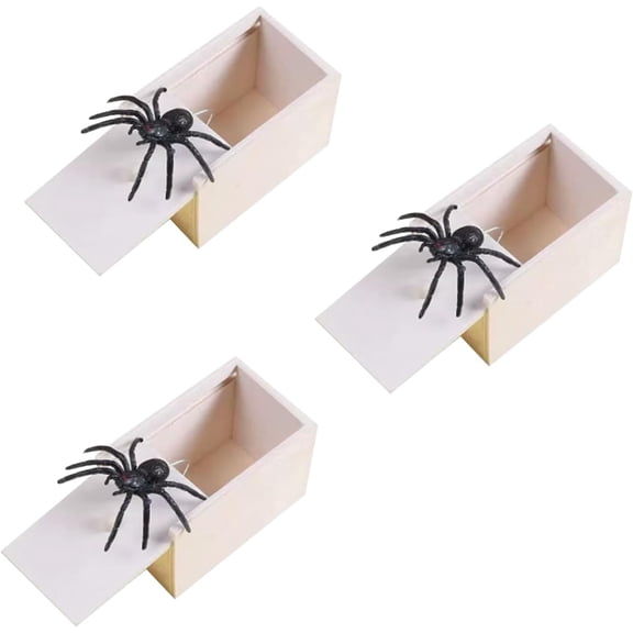Wooden Spider Prank Box Jump Scare Gag Gift with Realistic Rubber Spider for Halloween Parties 3 Pack