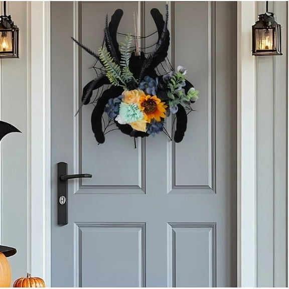 Halloween Spider Door Wreath with Floral Vines, Gothic Wall Hanging Home Decor