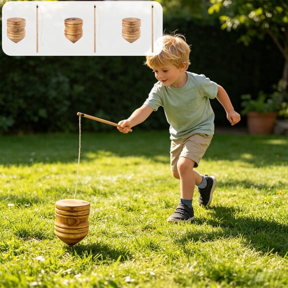 Wooden Spinning Top Toy Set - Classic Hand Exercise Gyroscope, String-Driven Spin Toy, Indoor Outdoor Play, Family Bonding, Coordination Training
