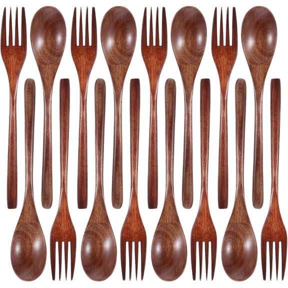 Wooden Spoon and Fork for Eating,8Pcs Wood Dinner Utensil Set Handmade Reusable Kitchen Wooden Flatware Tableware Cutlery Set for Stirring Cooking Camping Party 9 Inch