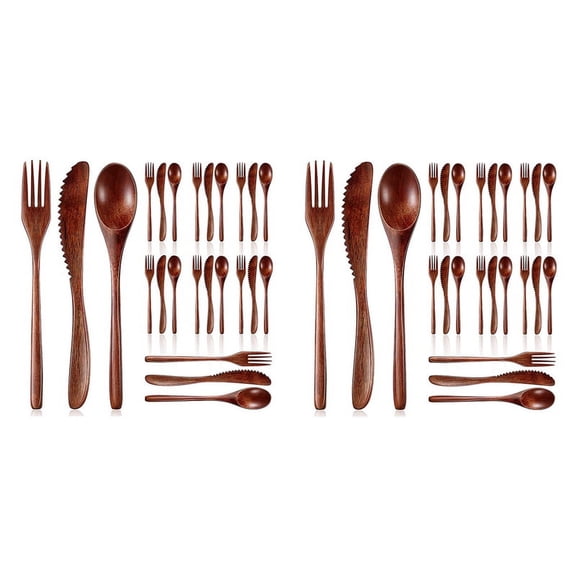 Wooden Spoon Fork Knife Cutlery Set Wooden Dinner Utensil Set Kitchen Wooden Flatware Tableware Cutlery Set (48 Pieces)