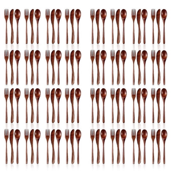 Wooden Spoon Fork Knife Cutlery Set Wooden Dinner Utensil Set Kitchen Wooden Flatware Tableware Cutlery Set (96 Pieces)